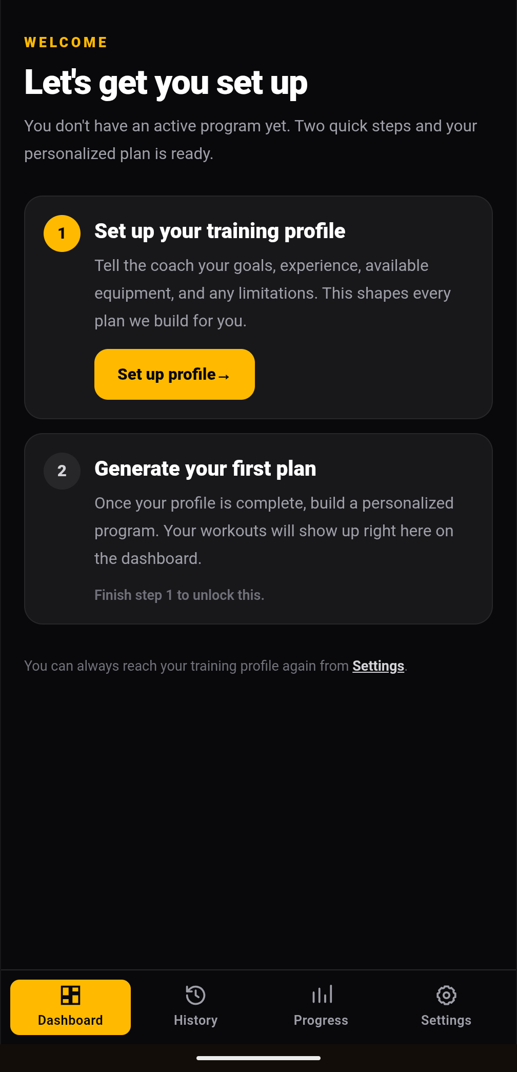 Buffalo Hustle training dashboard showing the current block, upcoming workouts, and progress