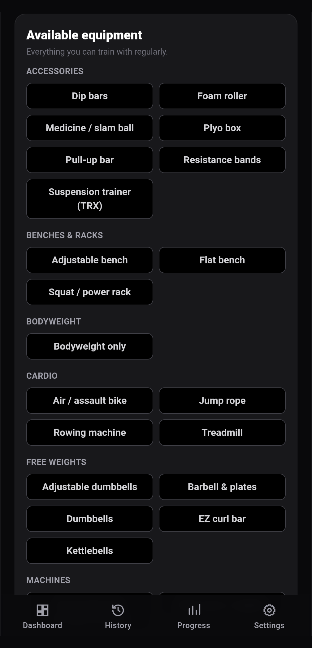 Buffalo Hustle equipment screen listing the bars, benches, bands, and machines an athlete has marked as available to train with