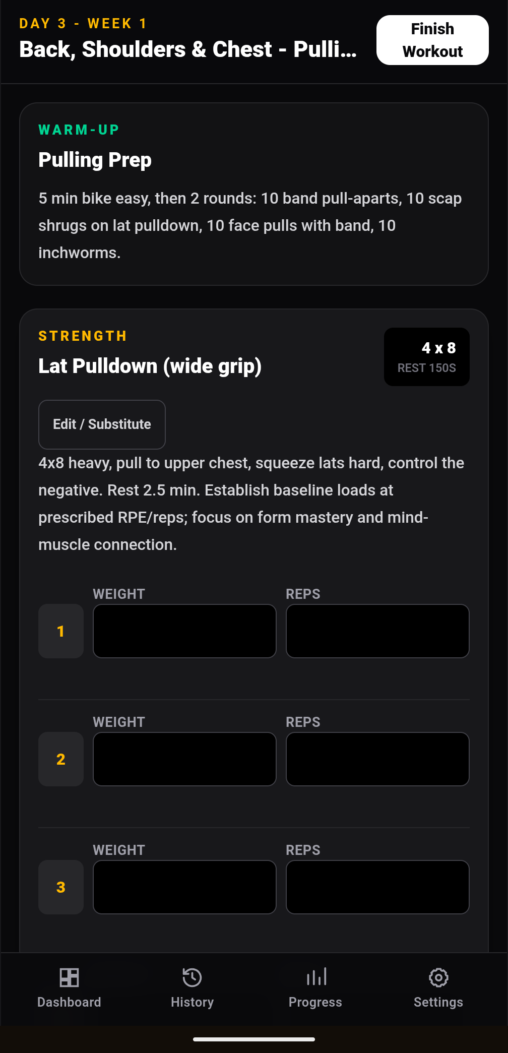 Buffalo Hustle app set-logging screen showing sets, reps, and weight being tapped in during a workout