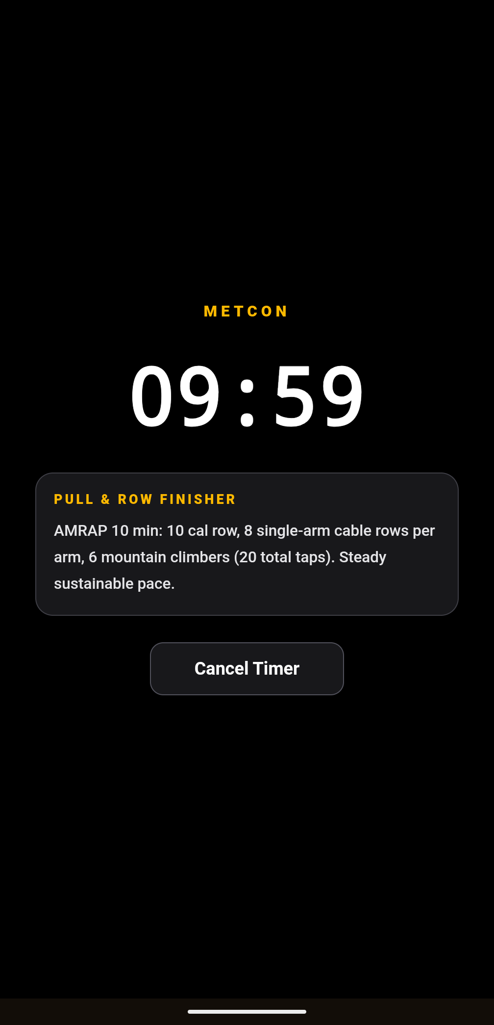 Buffalo Hustle app running a live MetCon timer with the round countdown on screen